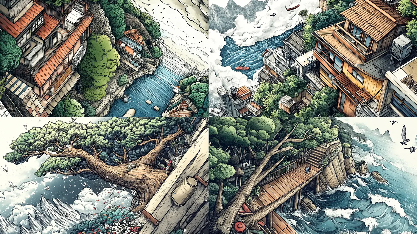 Serene Nature-Infused Architectural Vistas - Midjourney sref style