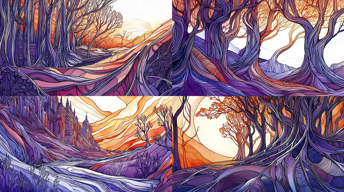 Whimsical Arboreal Dreamscape with Vivid Hues and Fluid Lines - Midjourney sref style