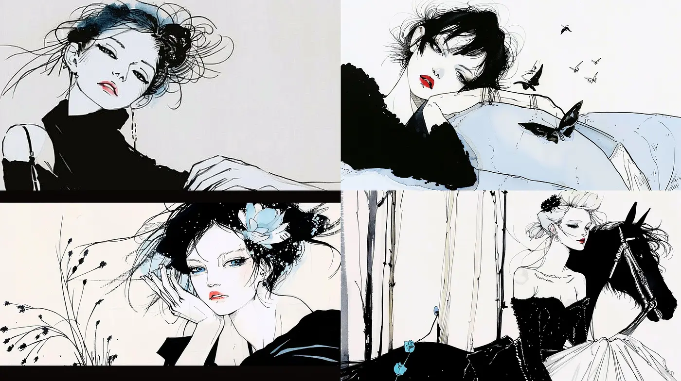 Elegant Contrast and Whimsy: A Fusion of Ink Wash and Graphic Novel Aesthetics - Midjourney sref style
