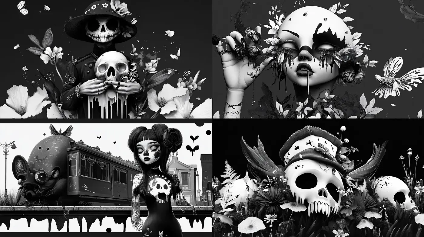 Monochromatic Gothic Whimsy: A Dance with Morbidity and Elegance - Midjourney sref style
