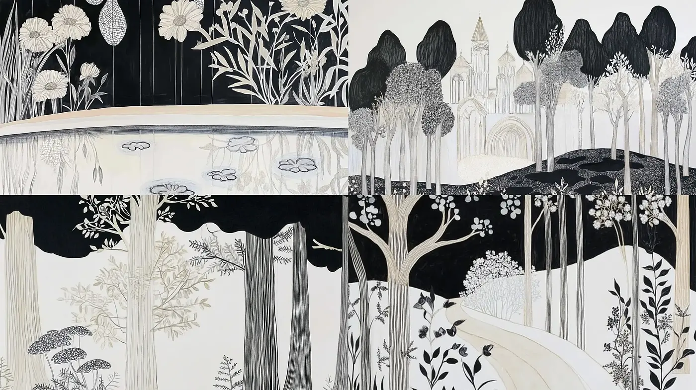 Monochromatic Botanical Dreamscapes with Storybook Quality - Midjourney sref style