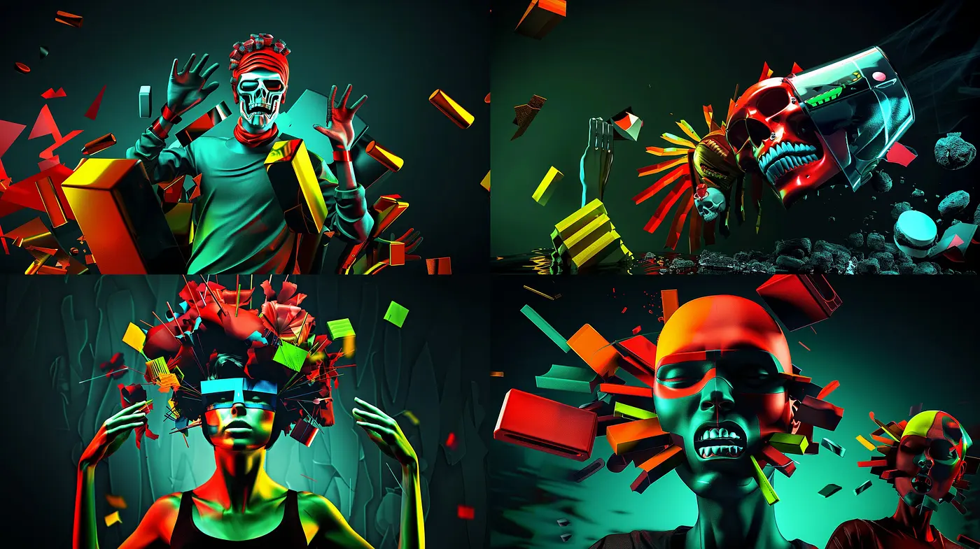 Surreal Neon Contrasts: Disjointed Harmony in Vibrant Tones - Midjourney sref style