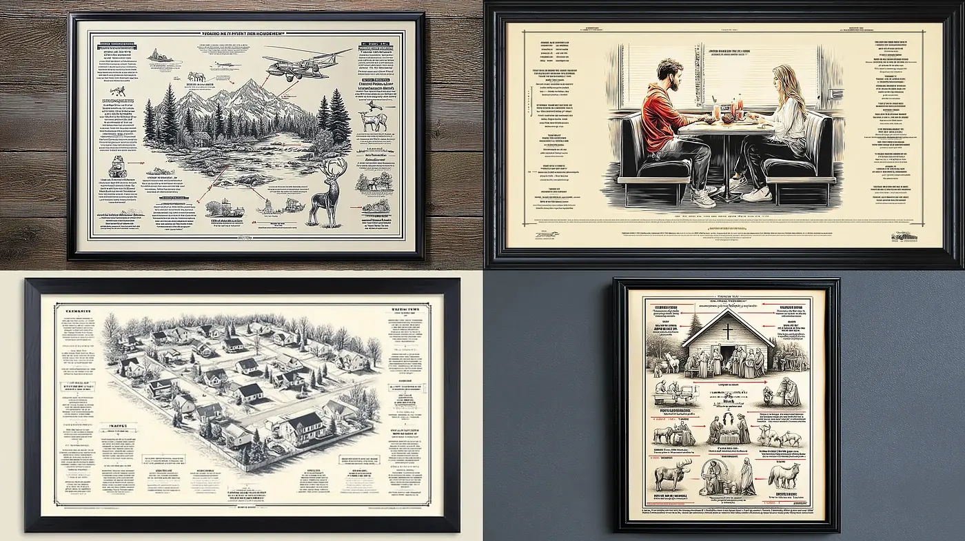 Detailed illustrative compositions with a vintage edge - Midjourney sref style