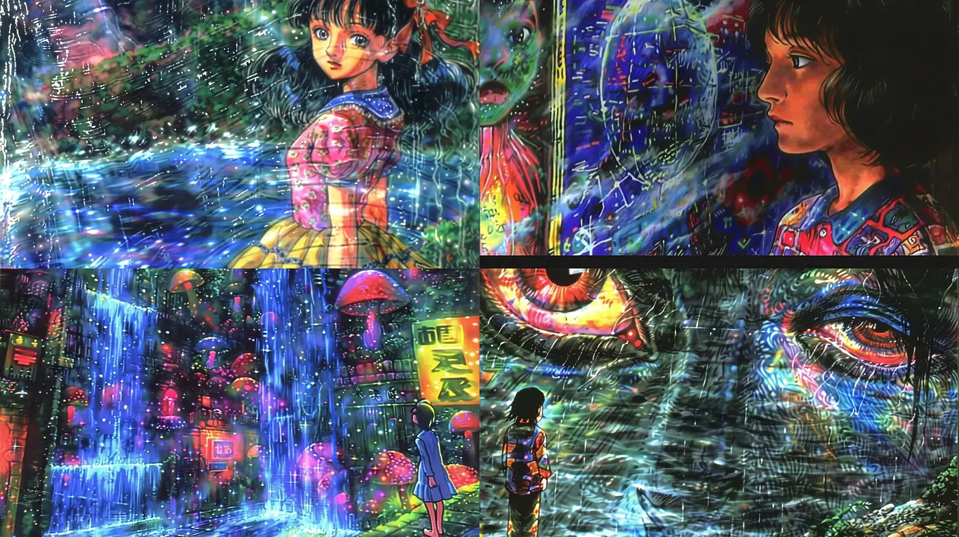 Kaleidoscopic Dreamscape: An Ode to Neon Impressionism and Anime Aesthetics - Midjourney sref style