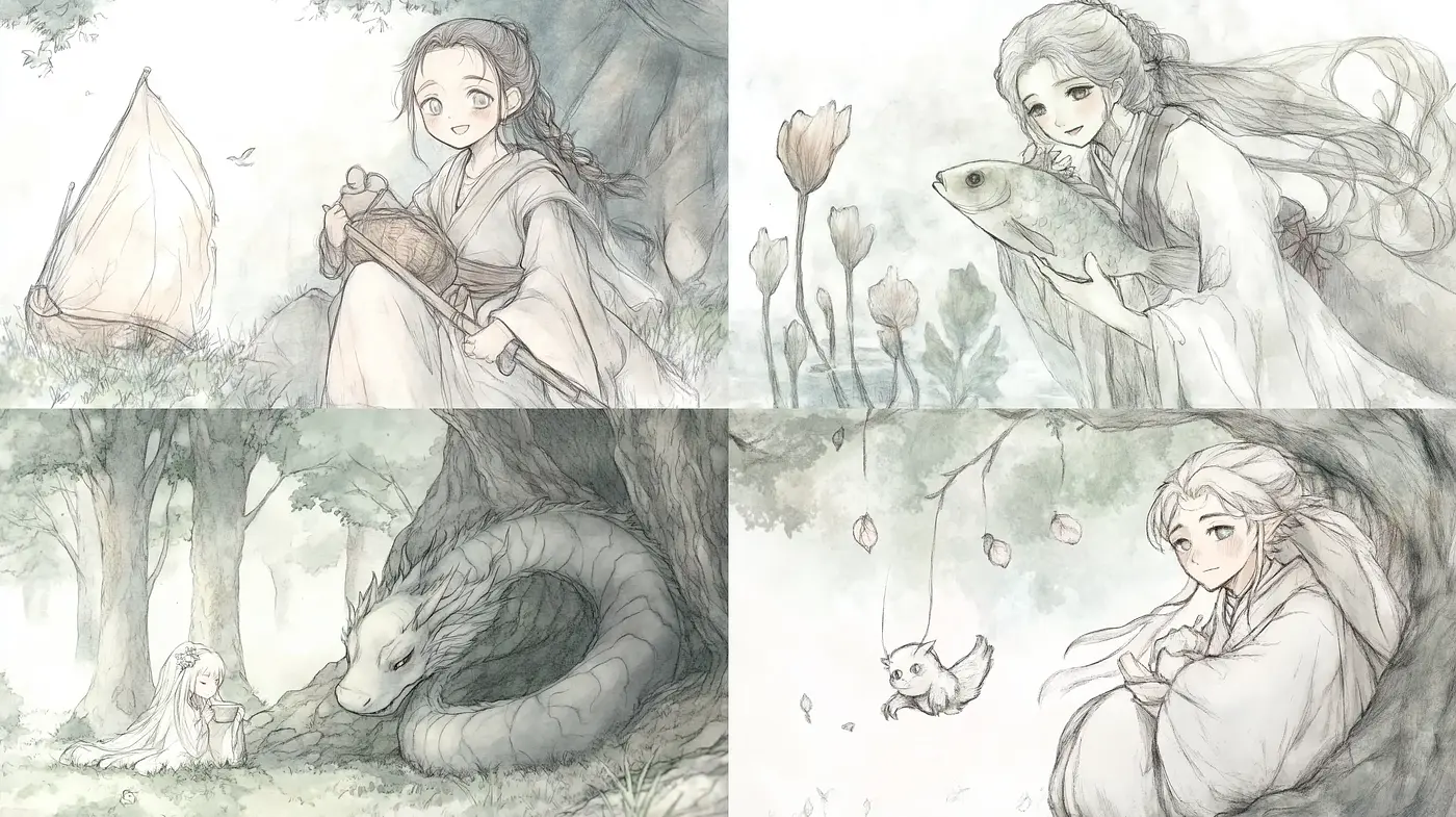 Ethereal Sketchbook Fantasy with a Whisper of Ink and Wash - Midjourney sref style
