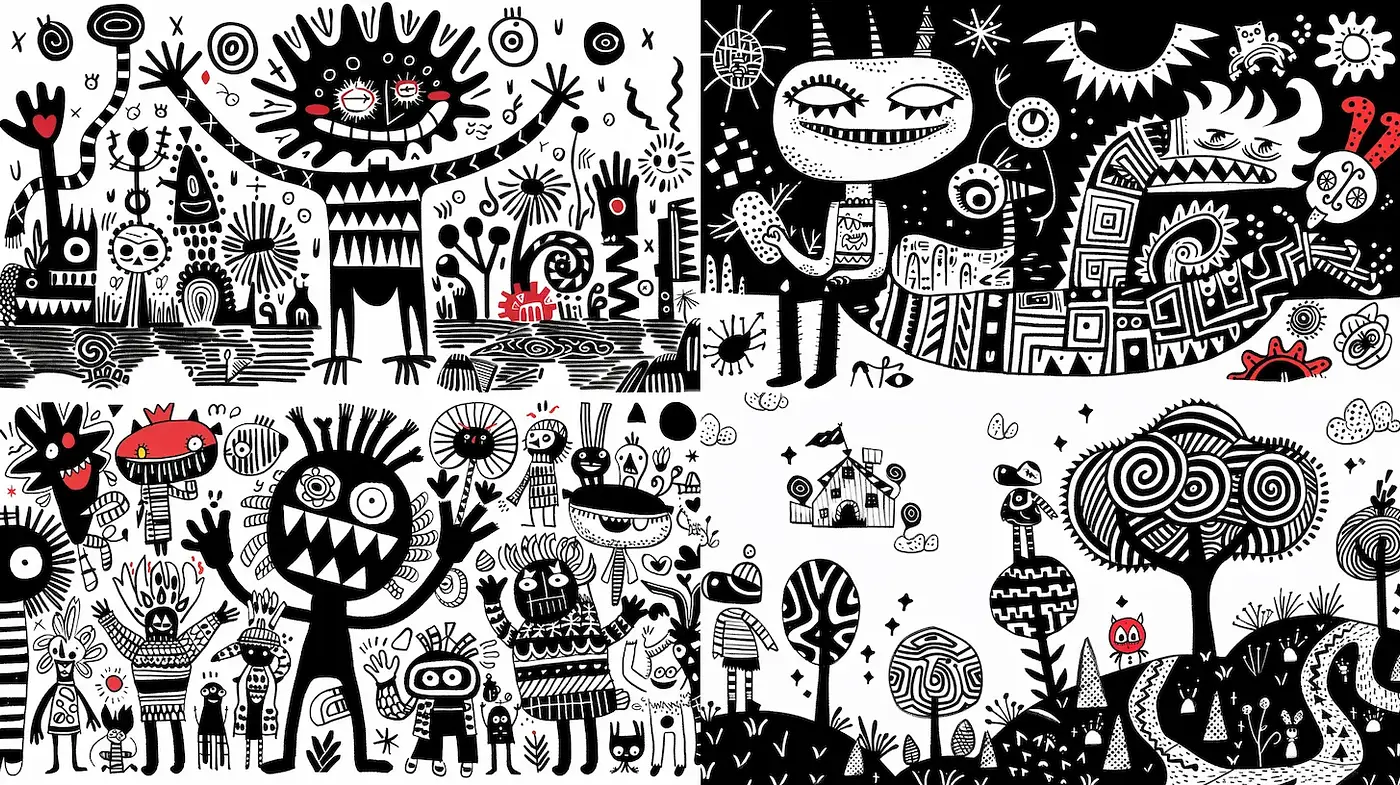 Whimsical Black and White Illustrations with Pop of Red - Midjourney sref style