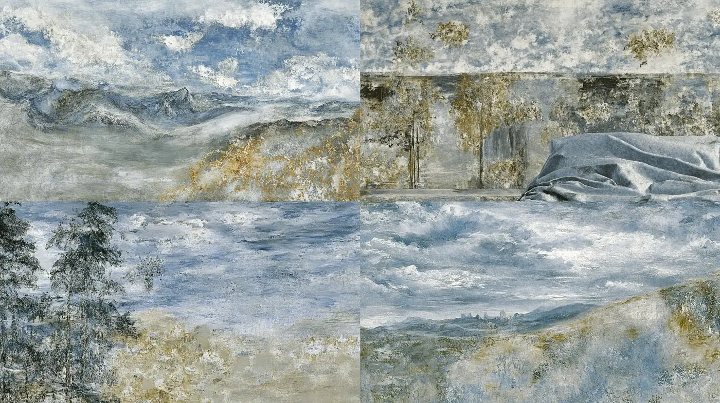 Ethereal Aged Fresco: A Harmonious Blend of Textured Decrepitude and Serene Landscapes - Midjourney sref style