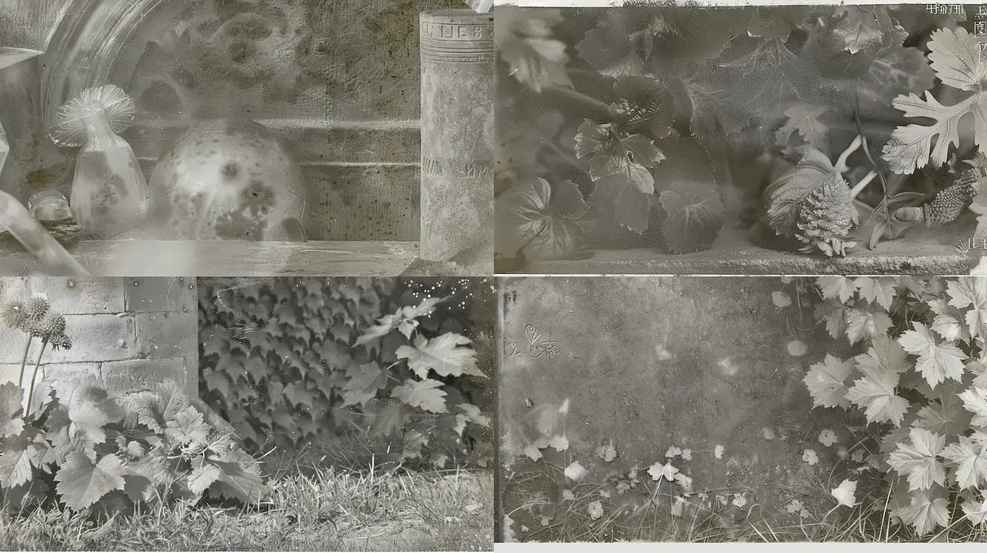 Ethereal vintage botanical composition with a moody atmosphere - Midjourney sref style