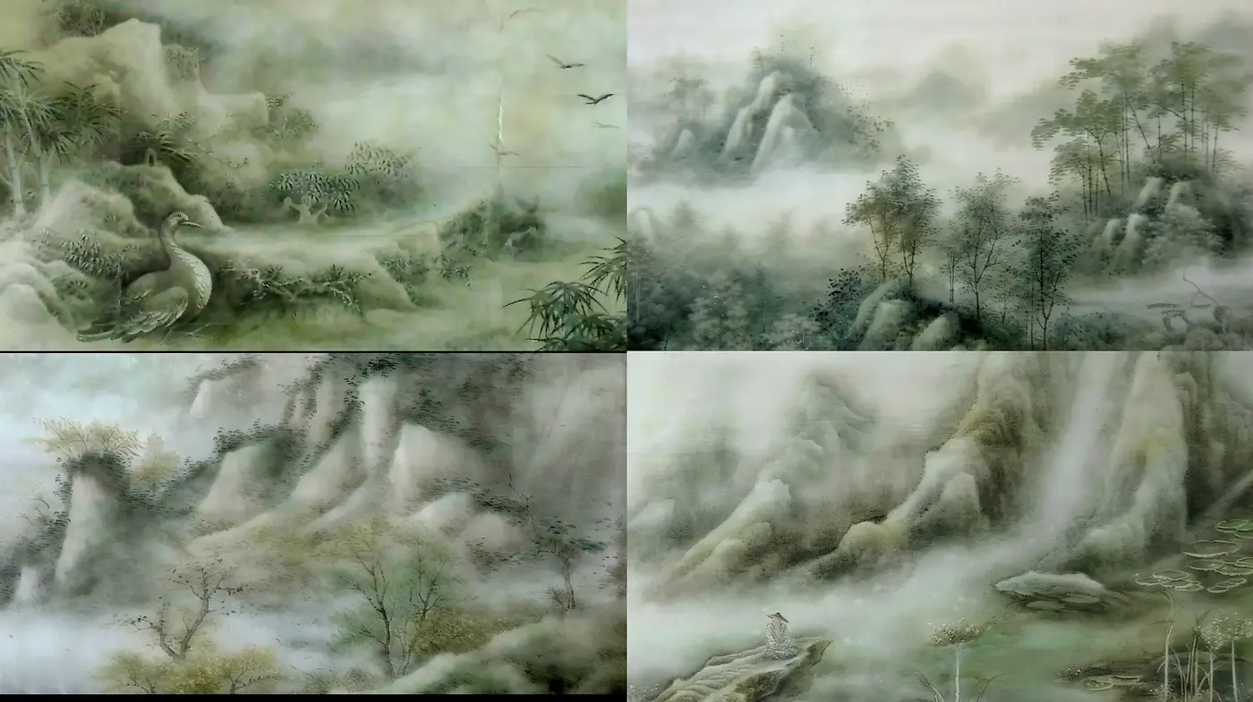 Misty Ethereal Landscape: A Homage to Traditional Asian Ink Wash Paintings - Midjourney sref style