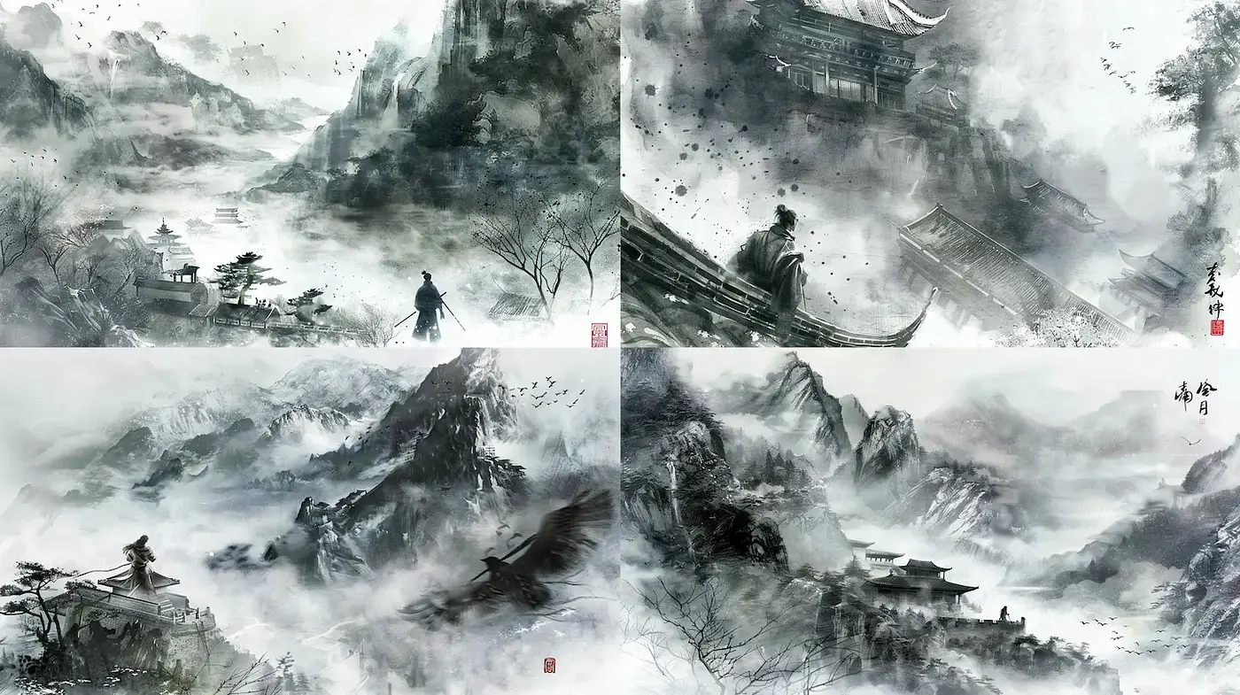 Serene and Mystical Landscape with Traditional Ink Techniques - Midjourney sref style