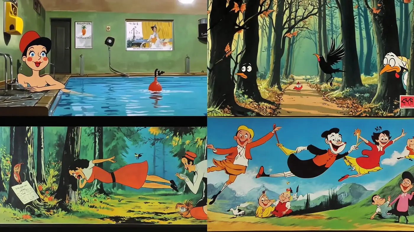 Whimsical Vintage Animation Panorama - Midjourney sref style