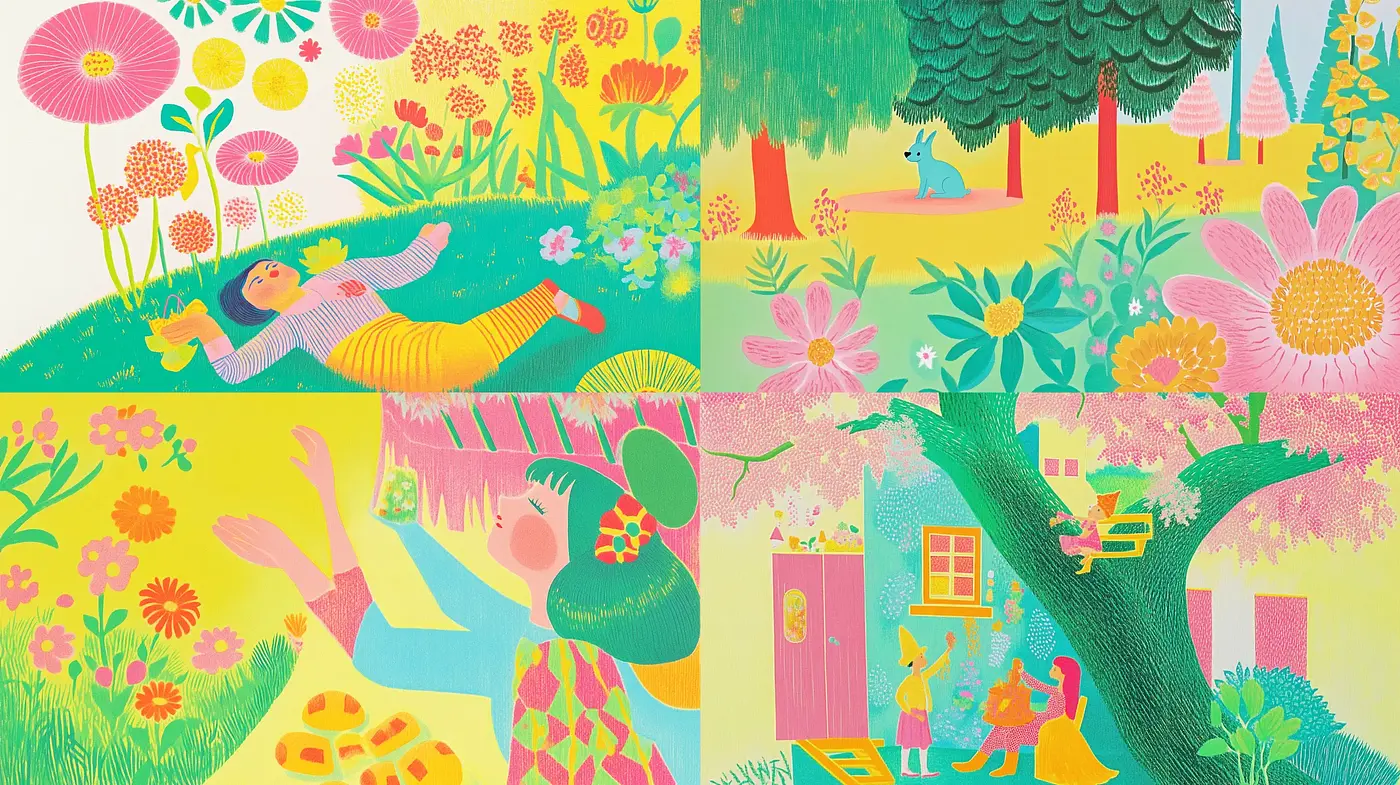 Whimsical Spring Bloom: A Fusion of Vivid Colors and Playful Illustration - Midjourney sref style