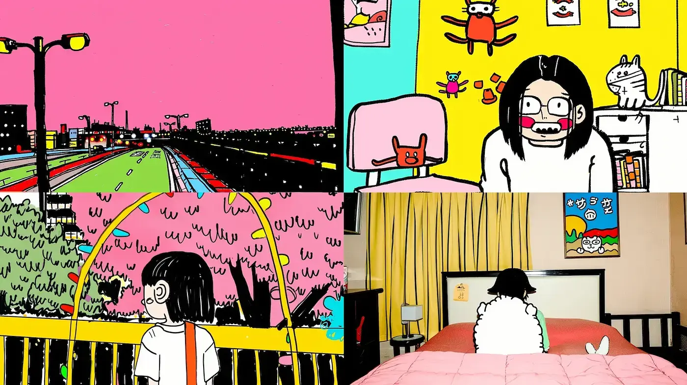 Vibrant, whimsical illustration style with playful elements - Midjourney sref style