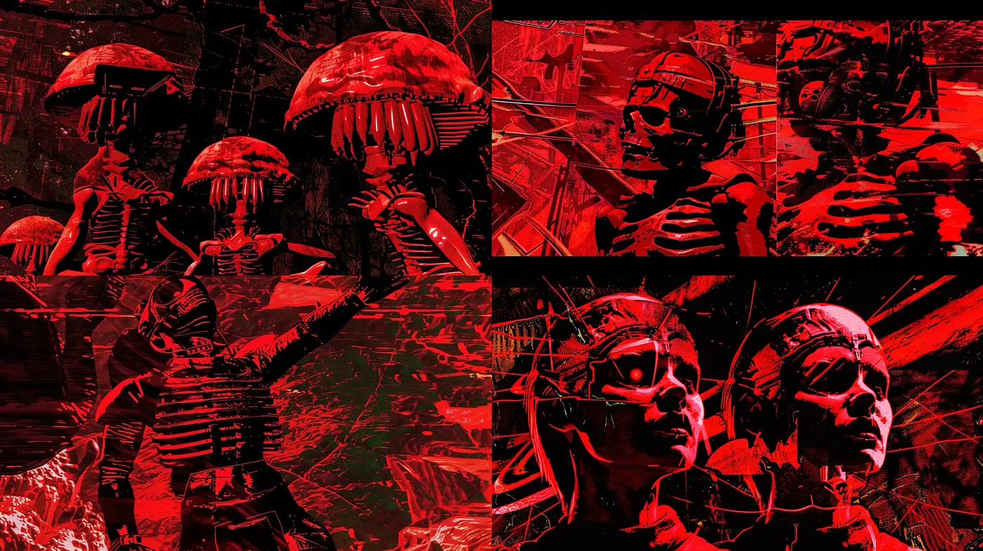 Abstract Dystopian Panorama with Saturated Crimson Overtones - Midjourney sref style