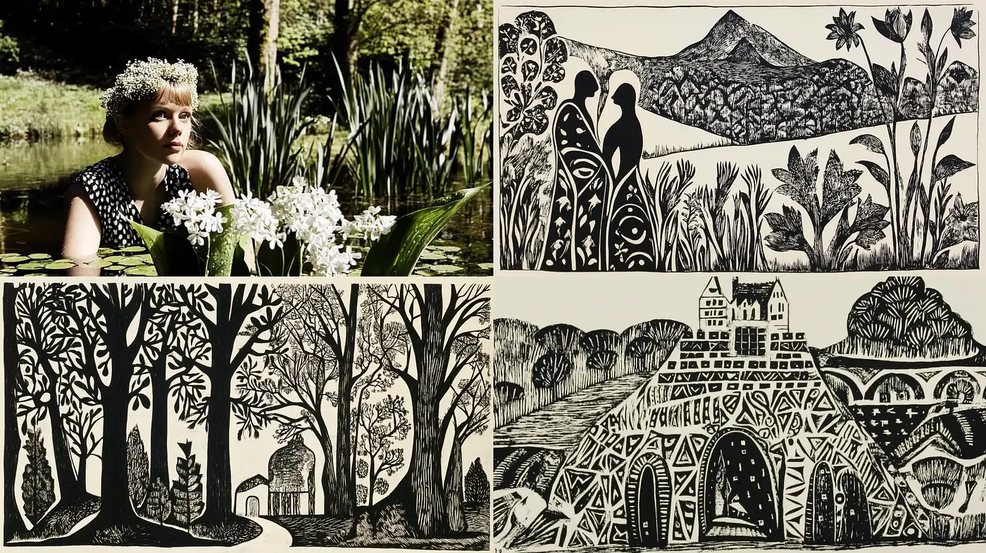 Monochrome Botanical Narratives in Woodcut Aesthetics - Midjourney sref style