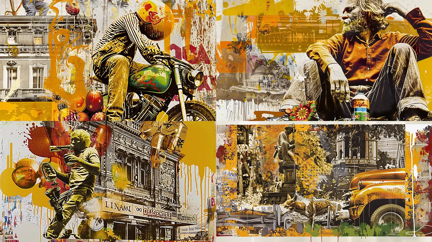 Urban Collage of Melancholic Hues and Weathered Textures - Midjourney sref style