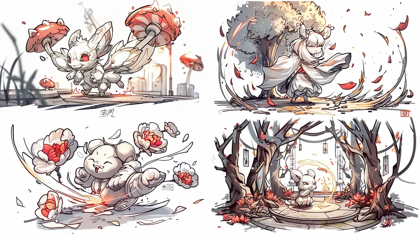 Whimsical, dynamic animation-inspired illustration style with floral motifs - Midjourney sref style