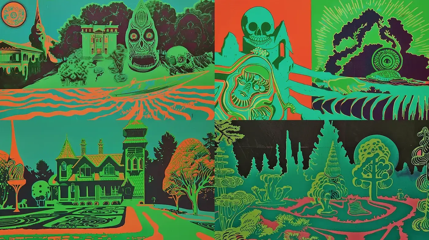 Vibrant psychedelic landscape with surreal elements - Midjourney sref style