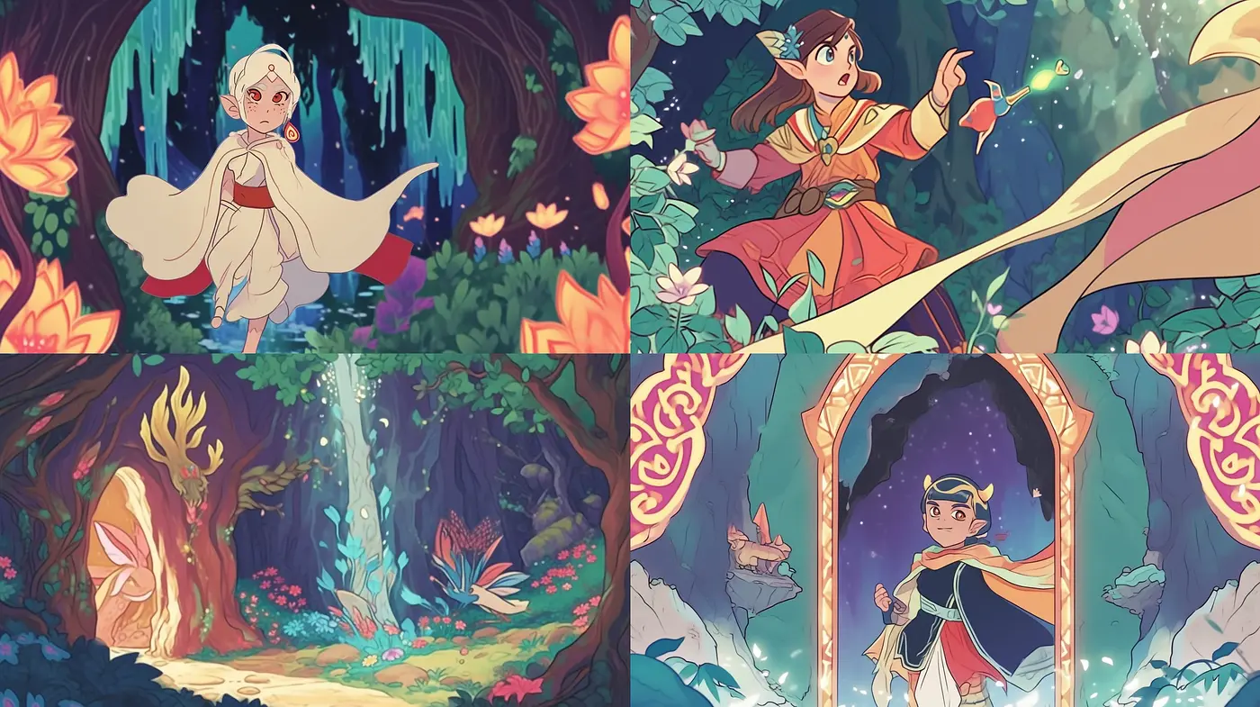 Enchanted Storybook Illustration: A Harmonious Blend of Fantasy Hues and Whimsical Artistry - Midjourney sref style