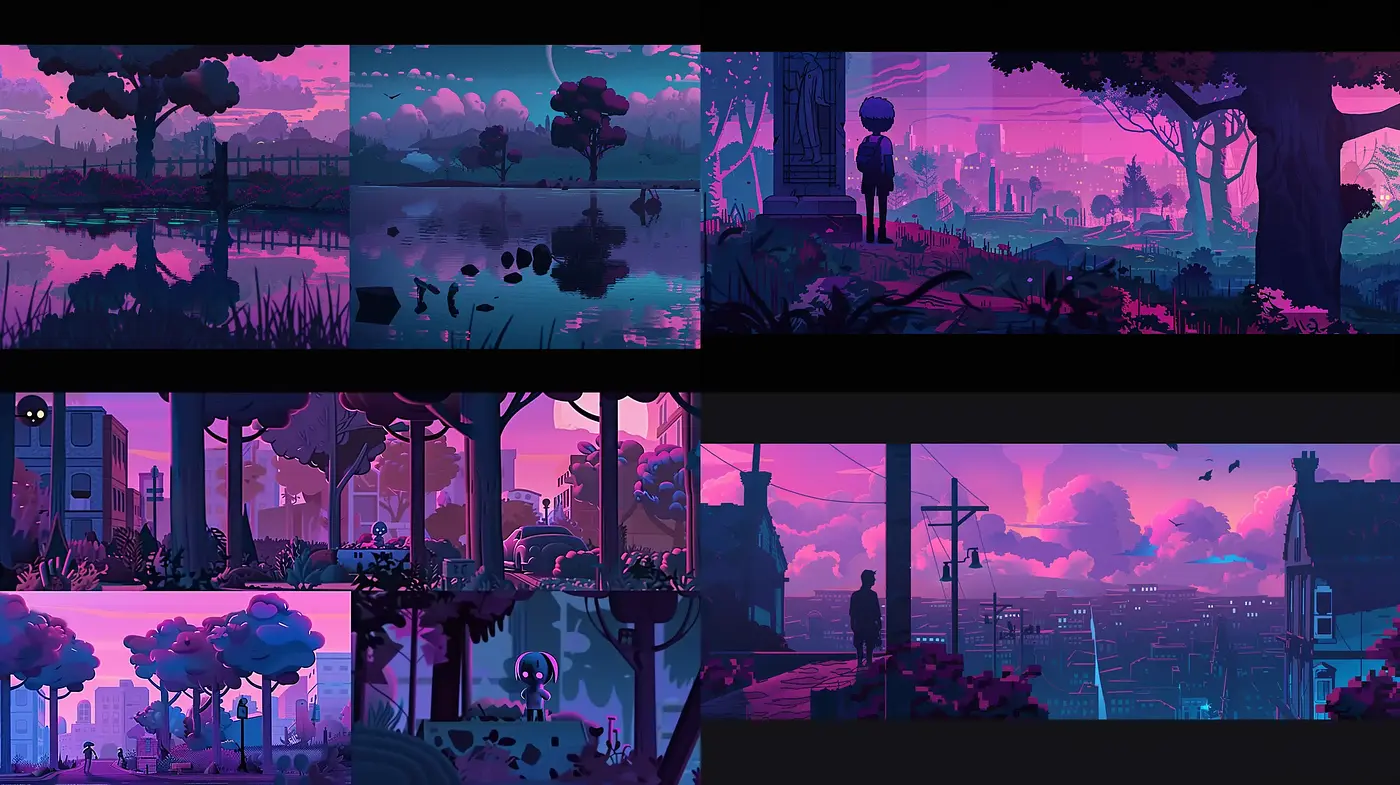 Twilight Hues in Stylized Digital Panoramas - Midjourney sref style