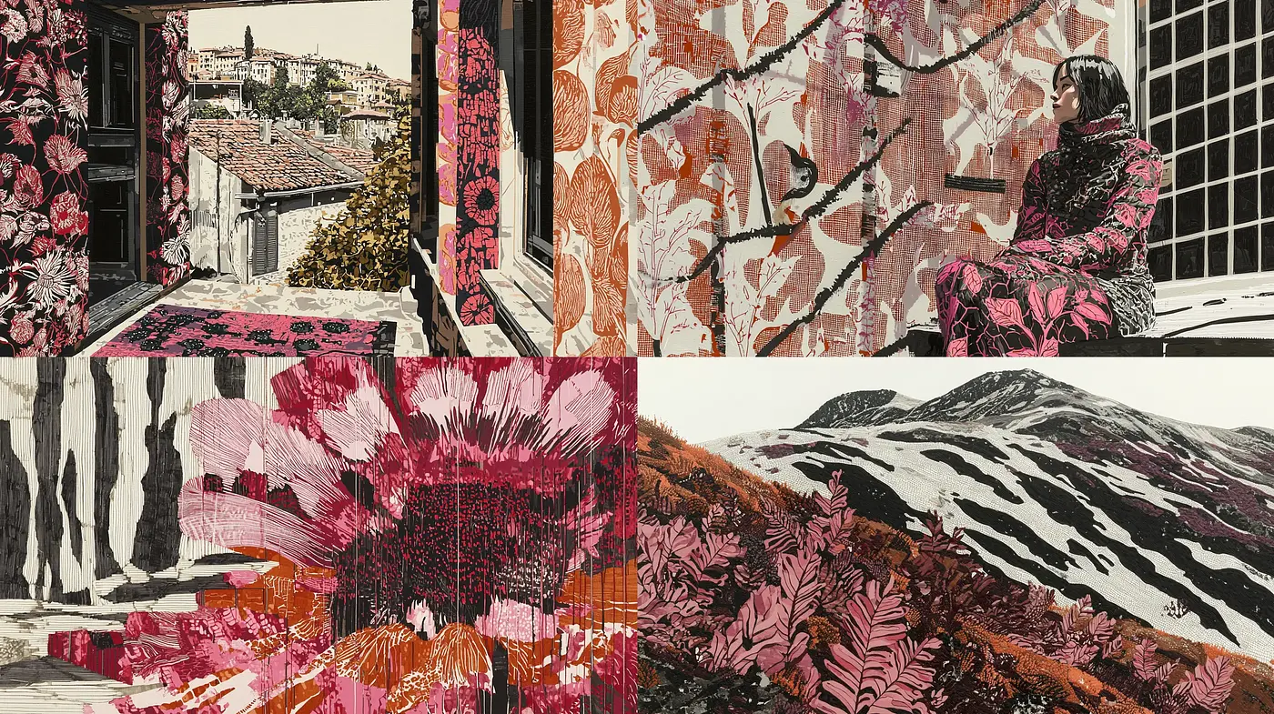 Rustic Textural Harmony in a Crimson Palette - Midjourney sref style