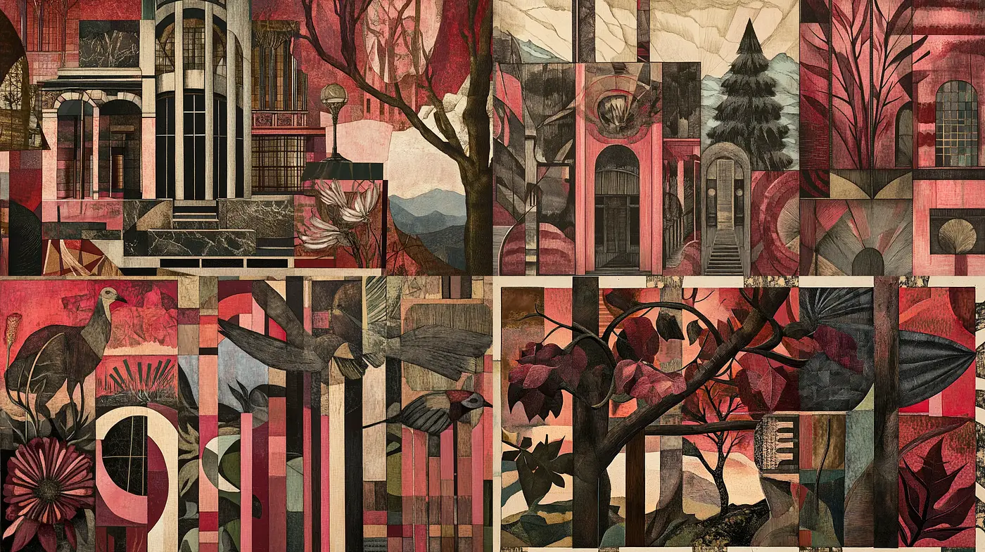 Collaged Elegance in Sepia Tones: A Harmonious Mosaic of Nature and Architecture - Midjourney sref style
