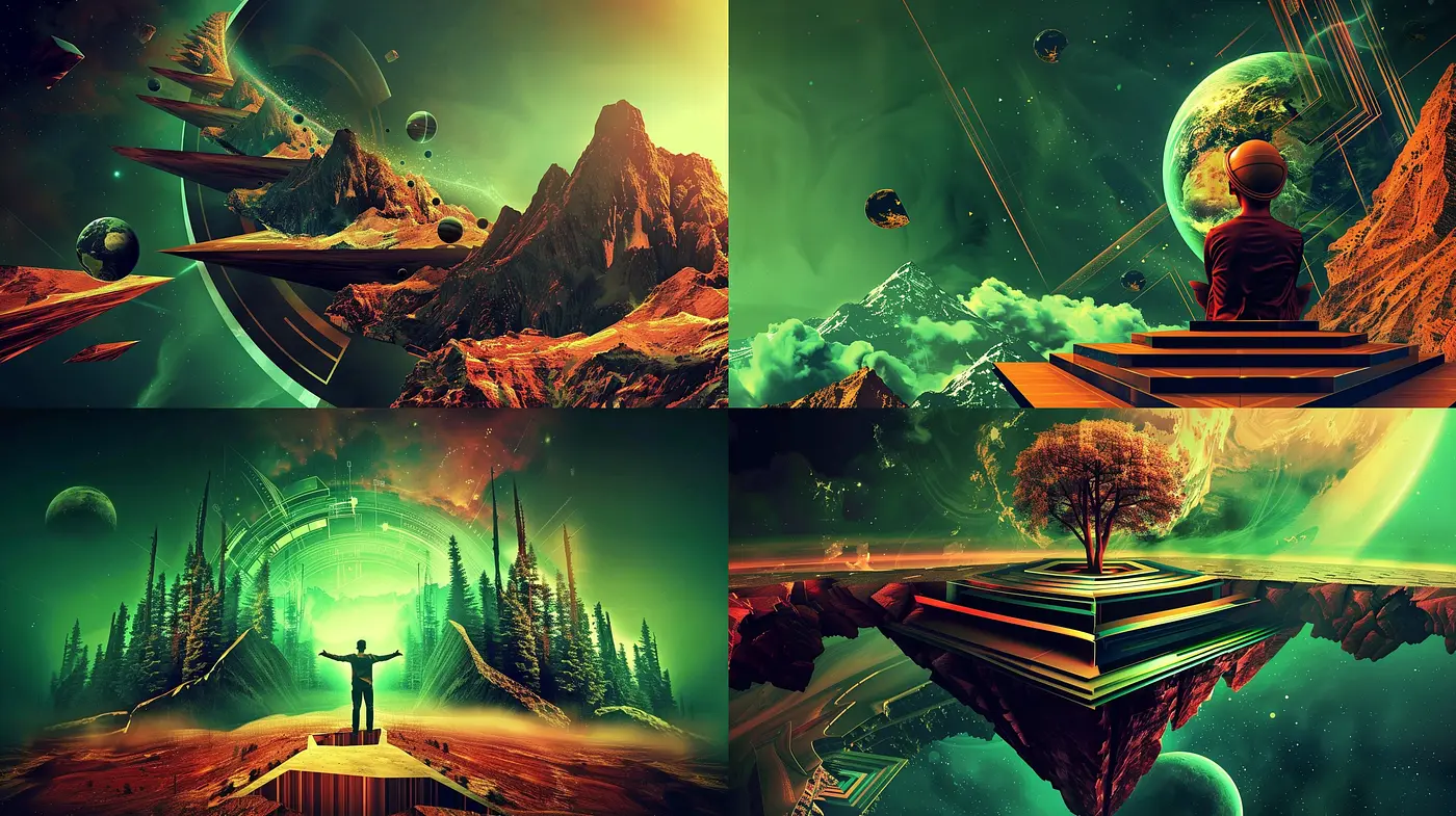 Cosmic Visions in Surreal Landscapes: A Fusion of Digital Art and Fantasy - Midjourney sref style