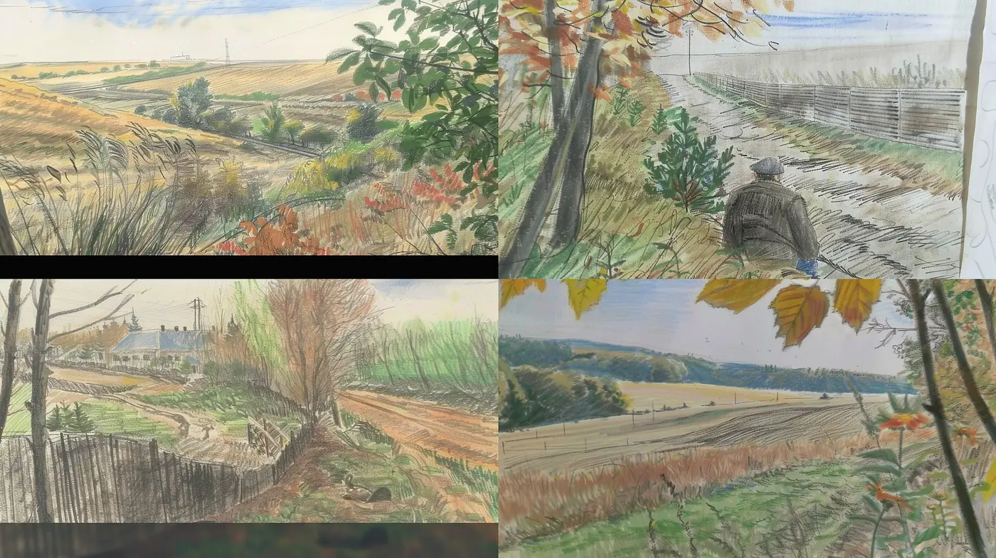 Rustic Countryside Sketches: A Fusion of Earthy Tones and Pastoral Textures - Midjourney sref style