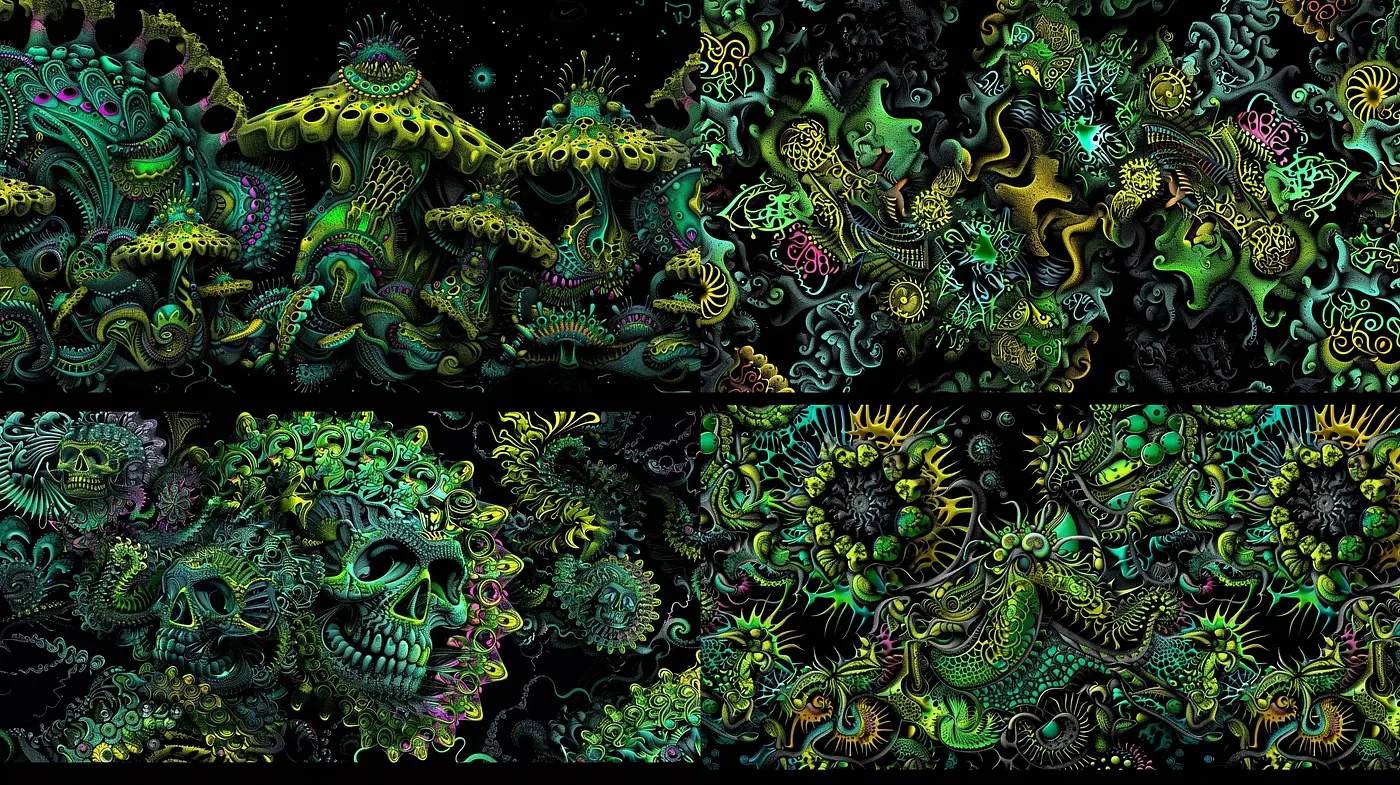 Kaleidoscopic Phantasmagoria: A Dance of Psychedelic Intricacies - Midjourney sref style