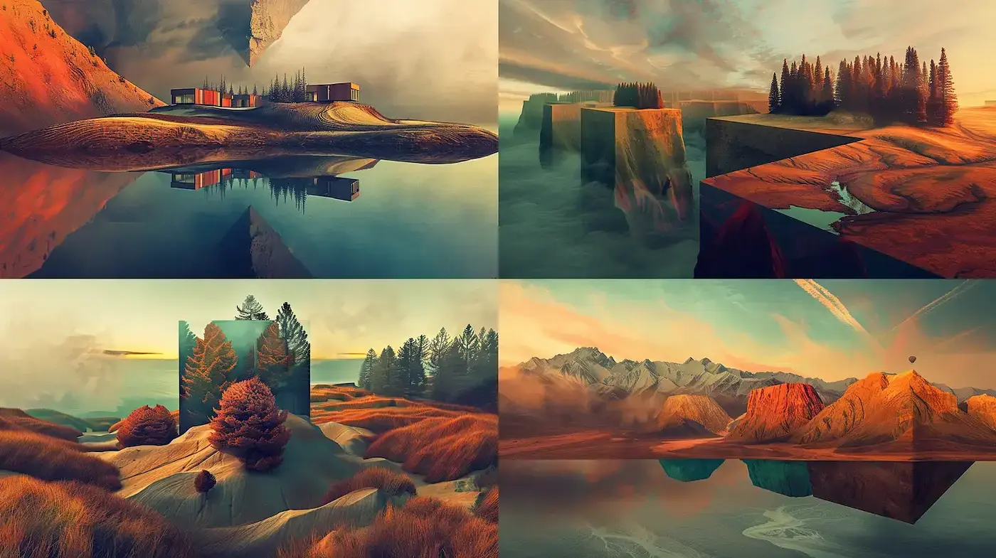 Surreal landscapes with a blend of natural and geometric elements - Midjourney sref style