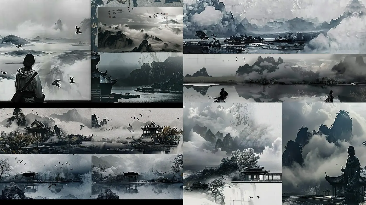 Ethereal Monochrome Dreamscape: A Homage to Traditional Chinese Ink Wash Painting - Midjourney sref style