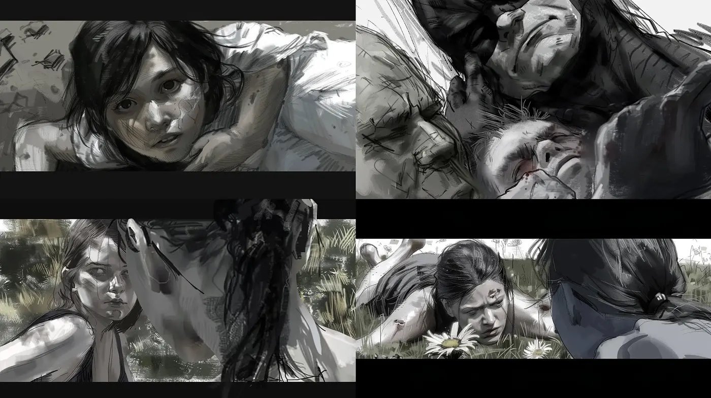 Monochromatic Grit: A Study in Stark Emotional Storytelling Through Brushwork - Midjourney sref style
