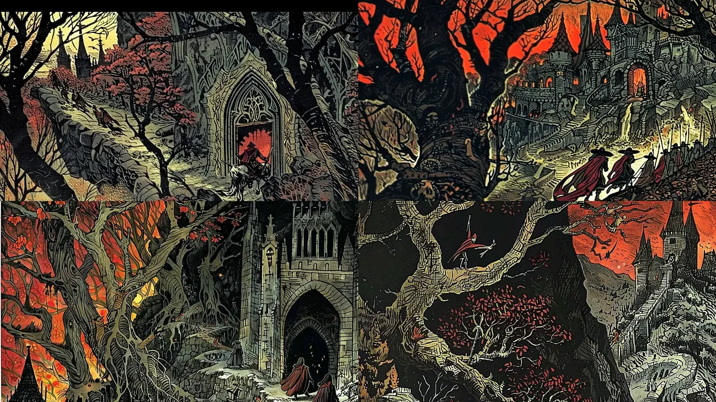 Gothic Reverie: A Fusion of Dark Fantasy and Medieval Imagery - Midjourney sref style