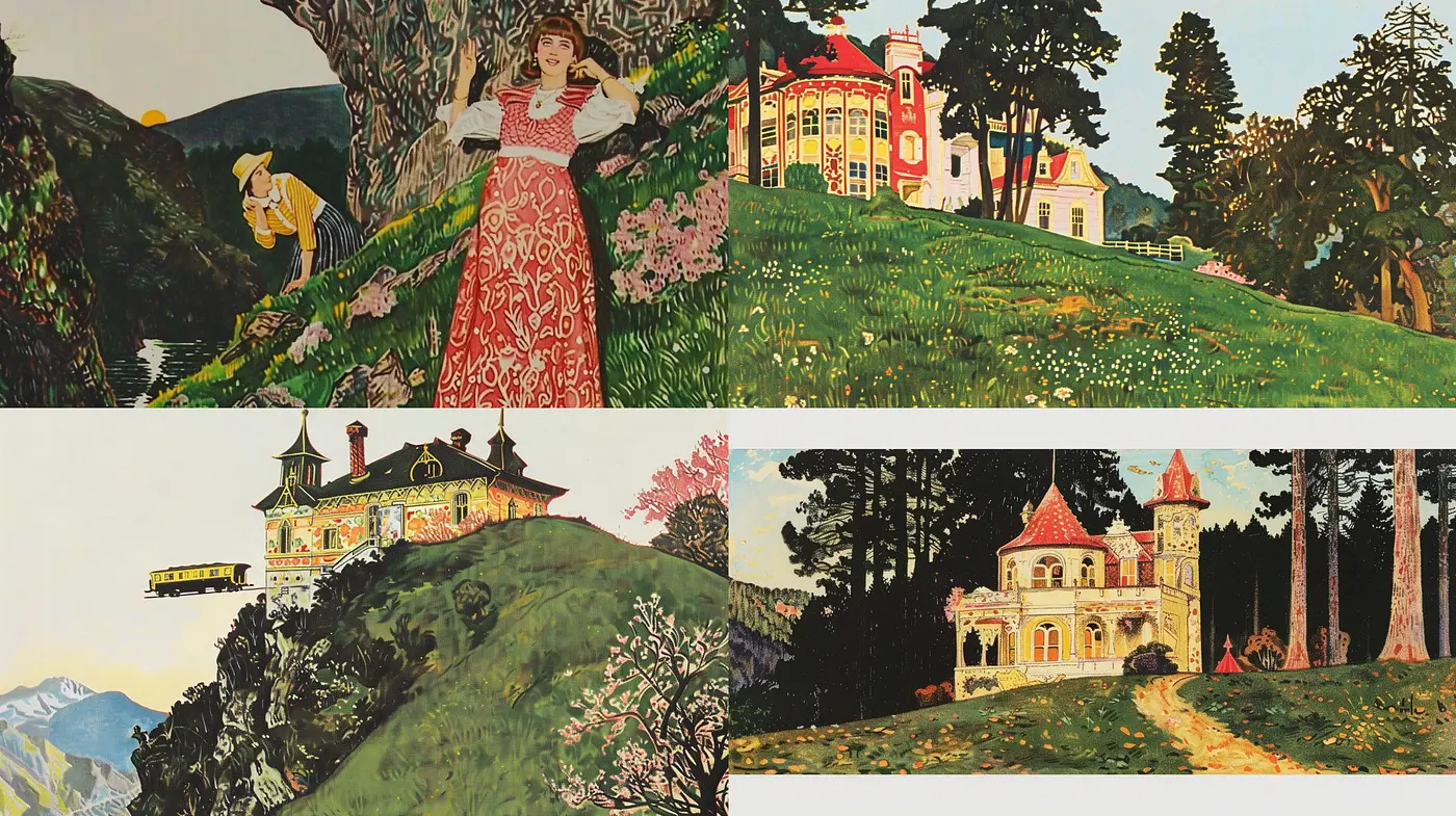 Enchanting Nostalgic Landscape with Stylized Nature and Structures - Midjourney sref style