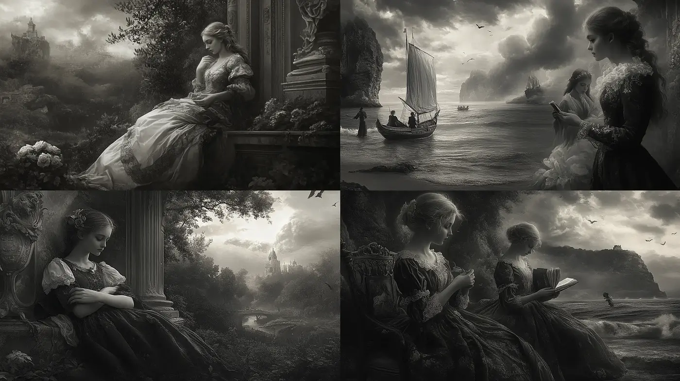 Elegiac Monochrome: A Homage to Romanticism and Mythology - Midjourney sref style