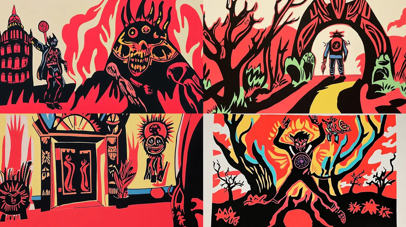 Vivid Contrast in Silhouetted Folklore Vignettes - Midjourney sref style