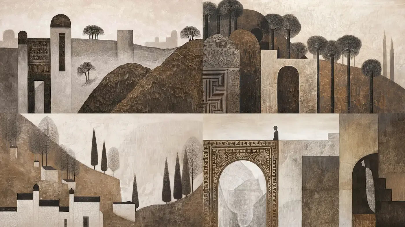 Monochromatic Architectural Landscapes with a Surreal Touch - Midjourney sref style