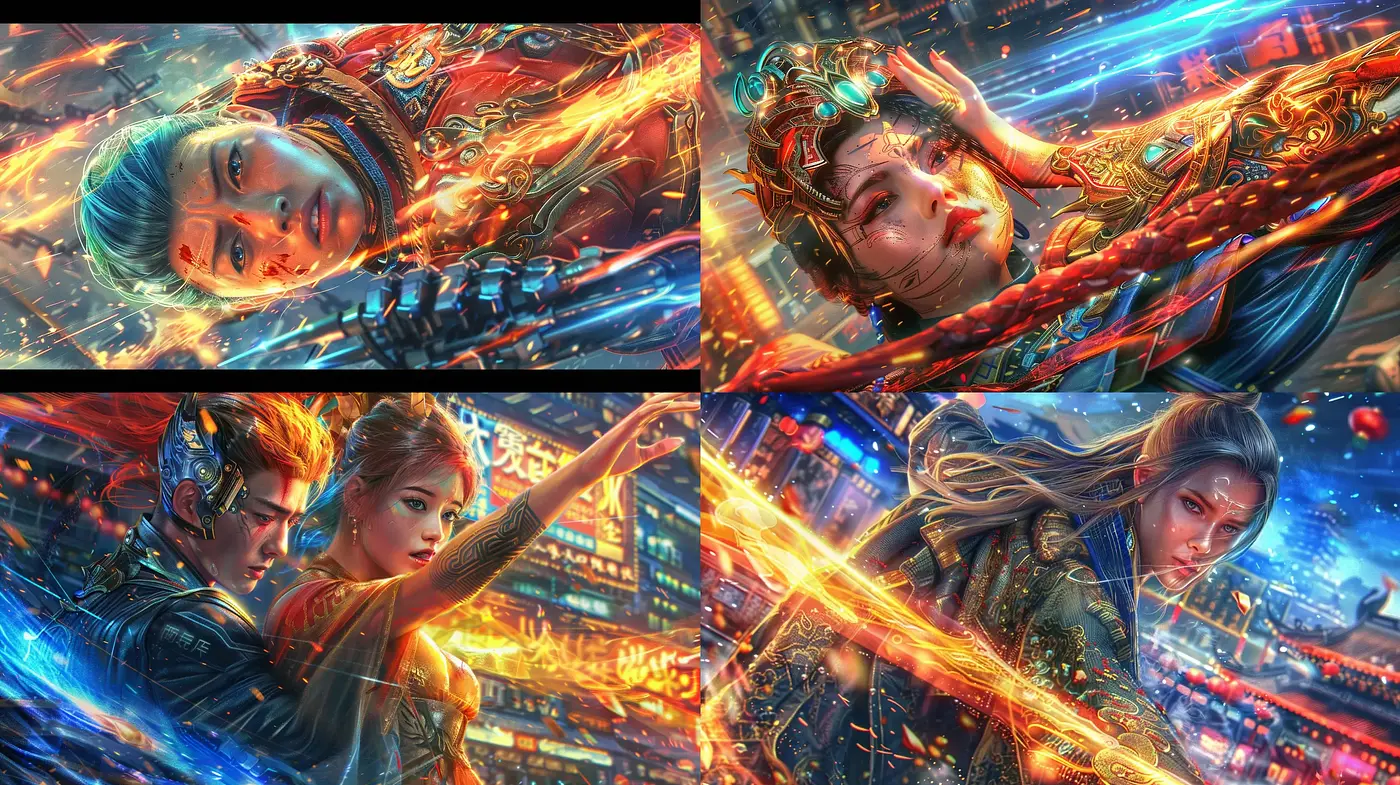 Neon-lit Cyberpunk Visions with Intense Character Expressions - Midjourney sref style