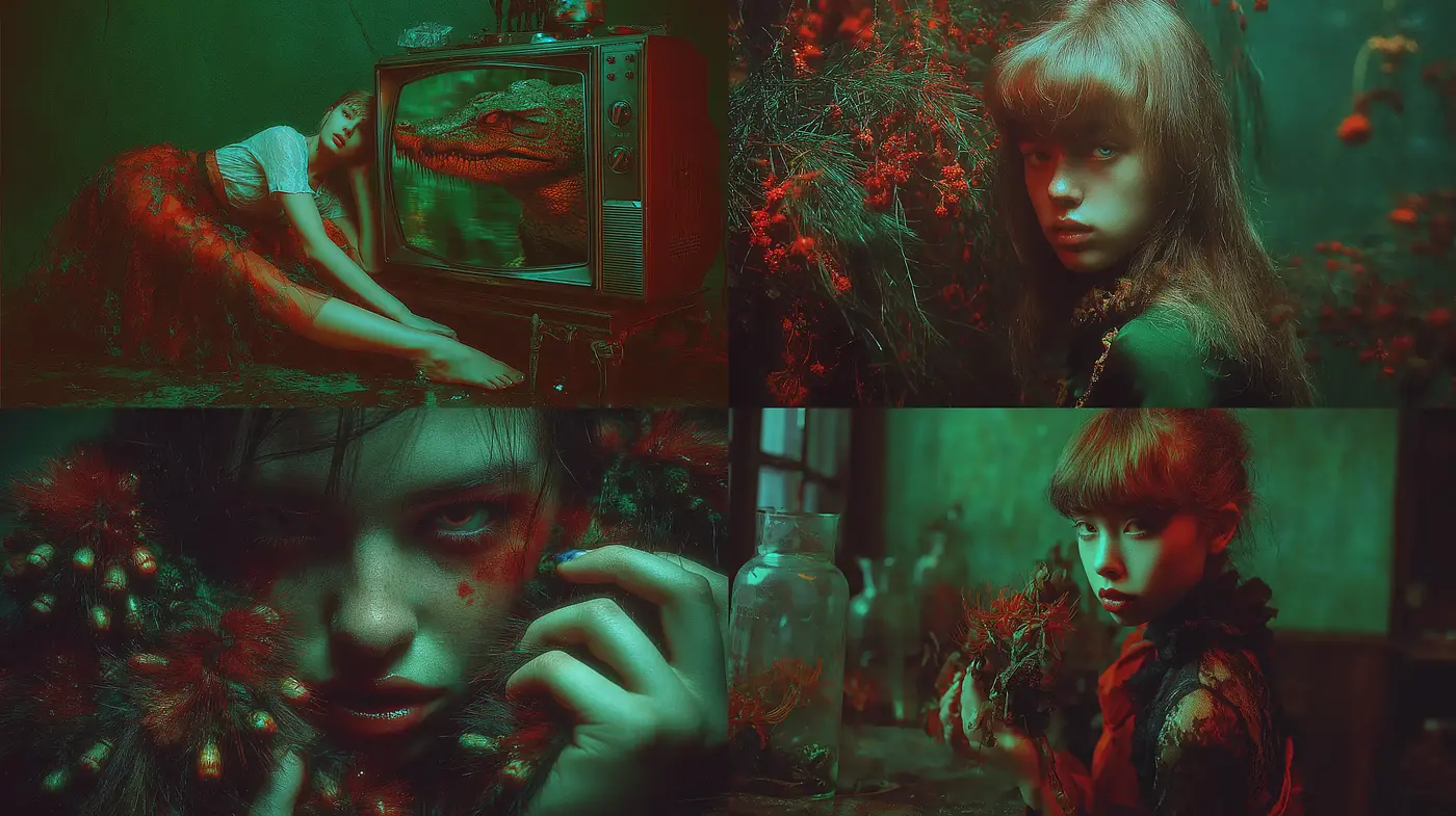 Surreal and haunting aesthetic with a blend of fantasy and organic elements - Midjourney sref style