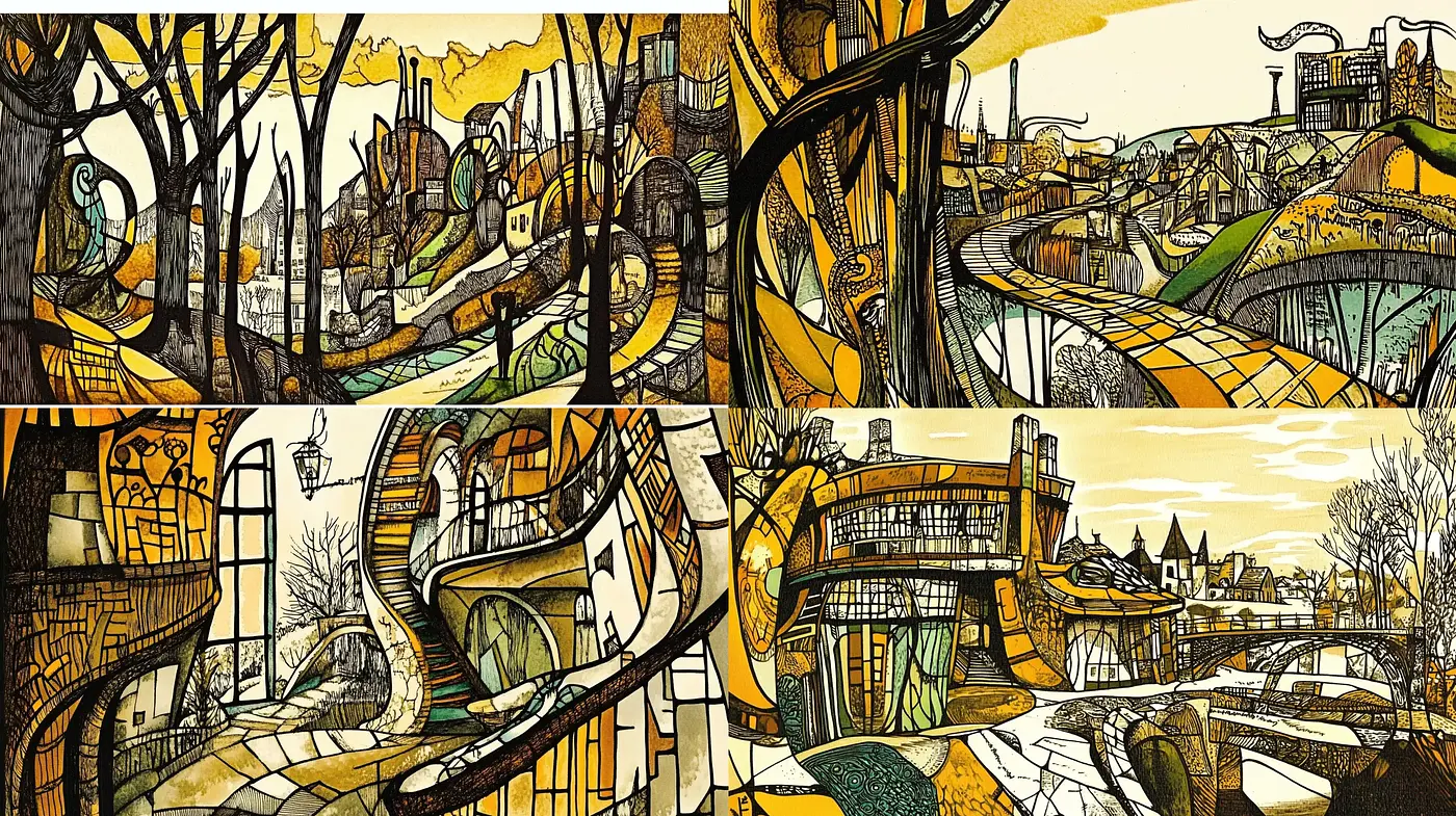 Stylized Urban Complexity with an Underlying Nostalgic Essence - Midjourney sref style