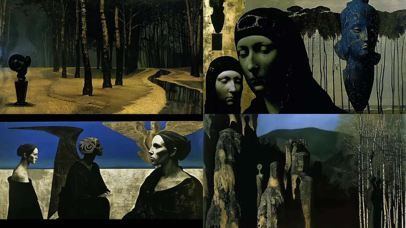 Surreal and Enigmatic Visual Narrative with Dark Tonalities - Midjourney sref style