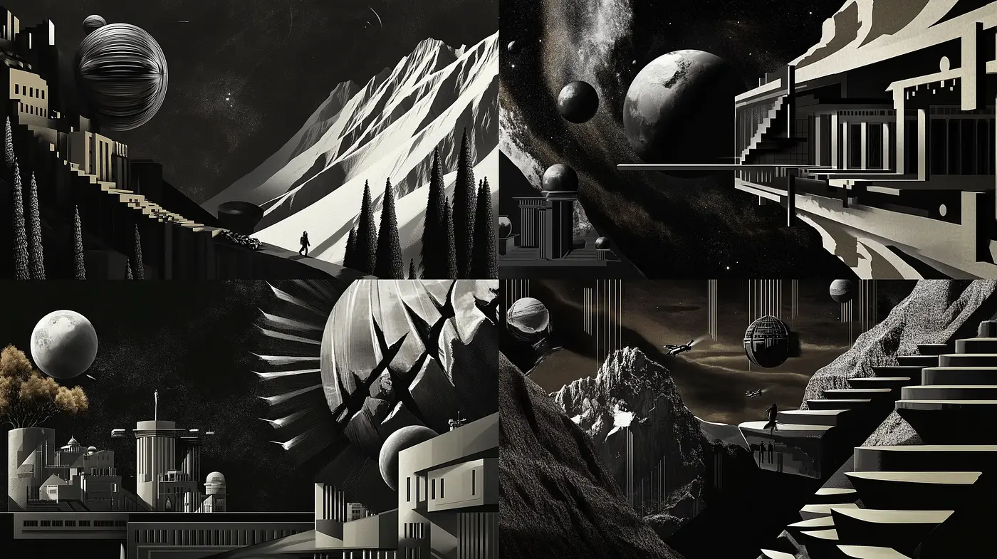 Monochromatic Surrealism in Futuristic Landscapes - Midjourney sref style