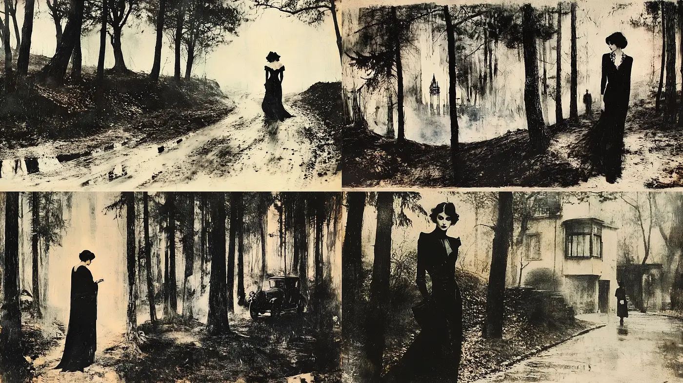 Ethereal Noir Vistas: A Homage to Monochromatic Melancholy - Midjourney sref style