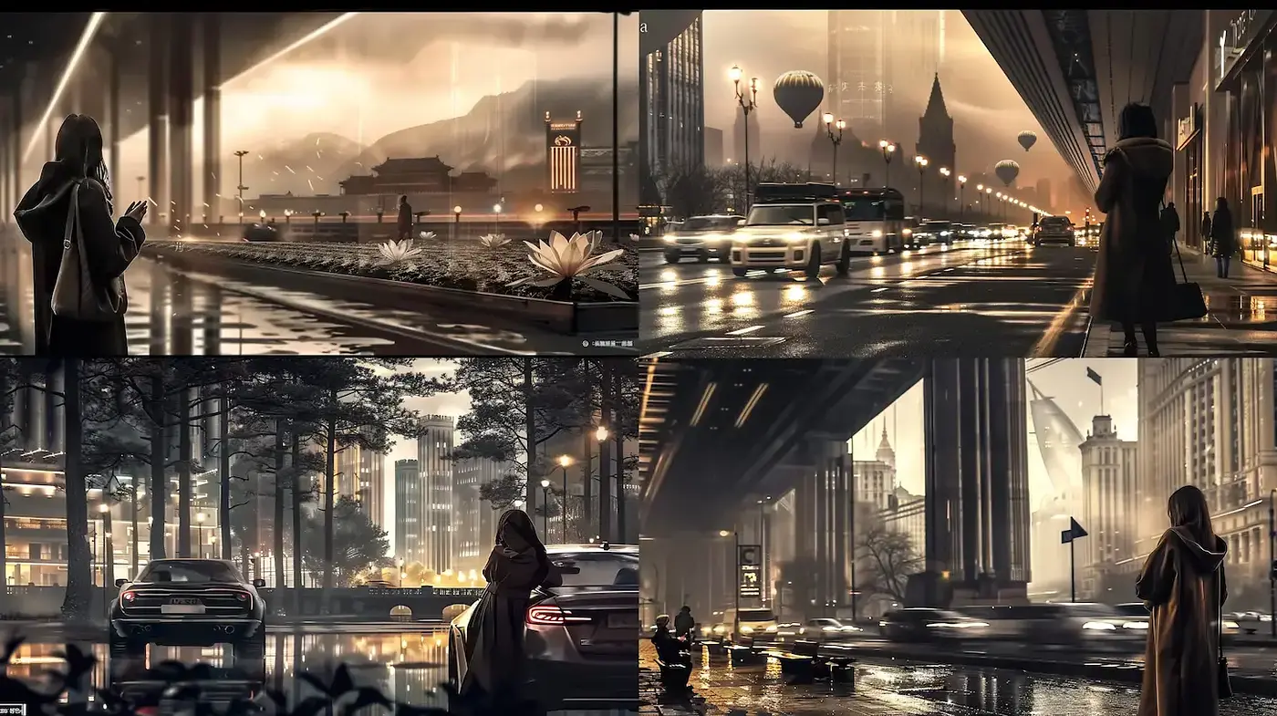 A Cinematic Blend of Urban Noir and Reflective Serenity - Midjourney sref style