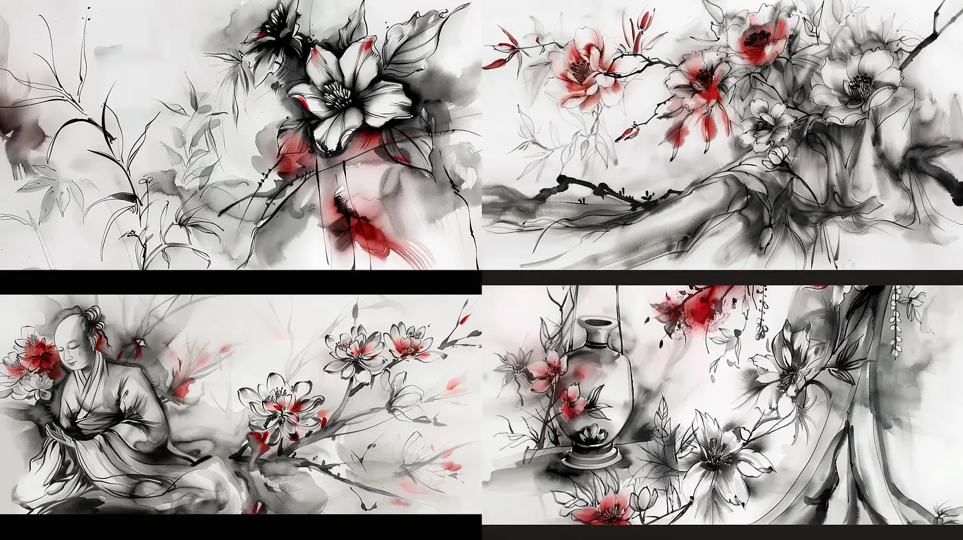 Monochromatic Elegance with Crimson Flares - An Evocative Dance of Ink and Blossoms - Midjourney sref style
