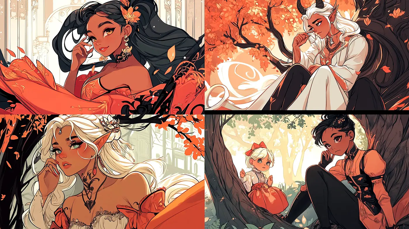 Autumnal Elegance in Stylized Character Illustration - Midjourney sref style