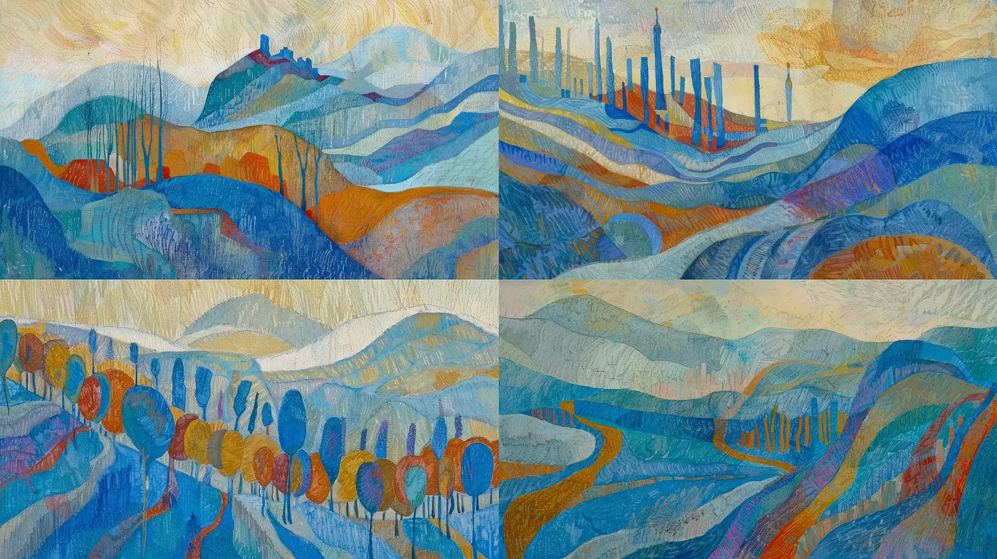 Harmonious Textured Landscape Interpretations - Midjourney sref style