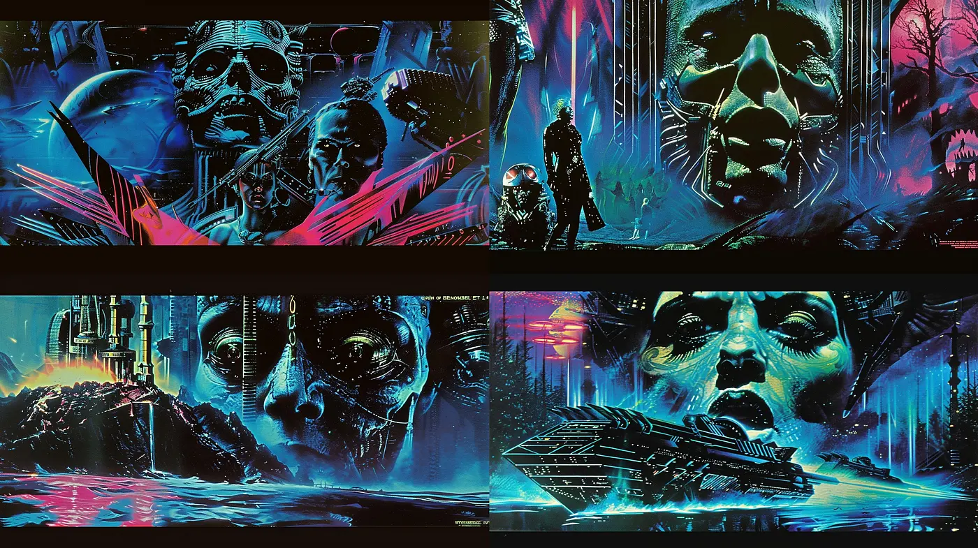 Futuristic Synthwave Dreamscape: A Stylized Homage to Retro Sci-Fi Aesthetics - Midjourney sref style