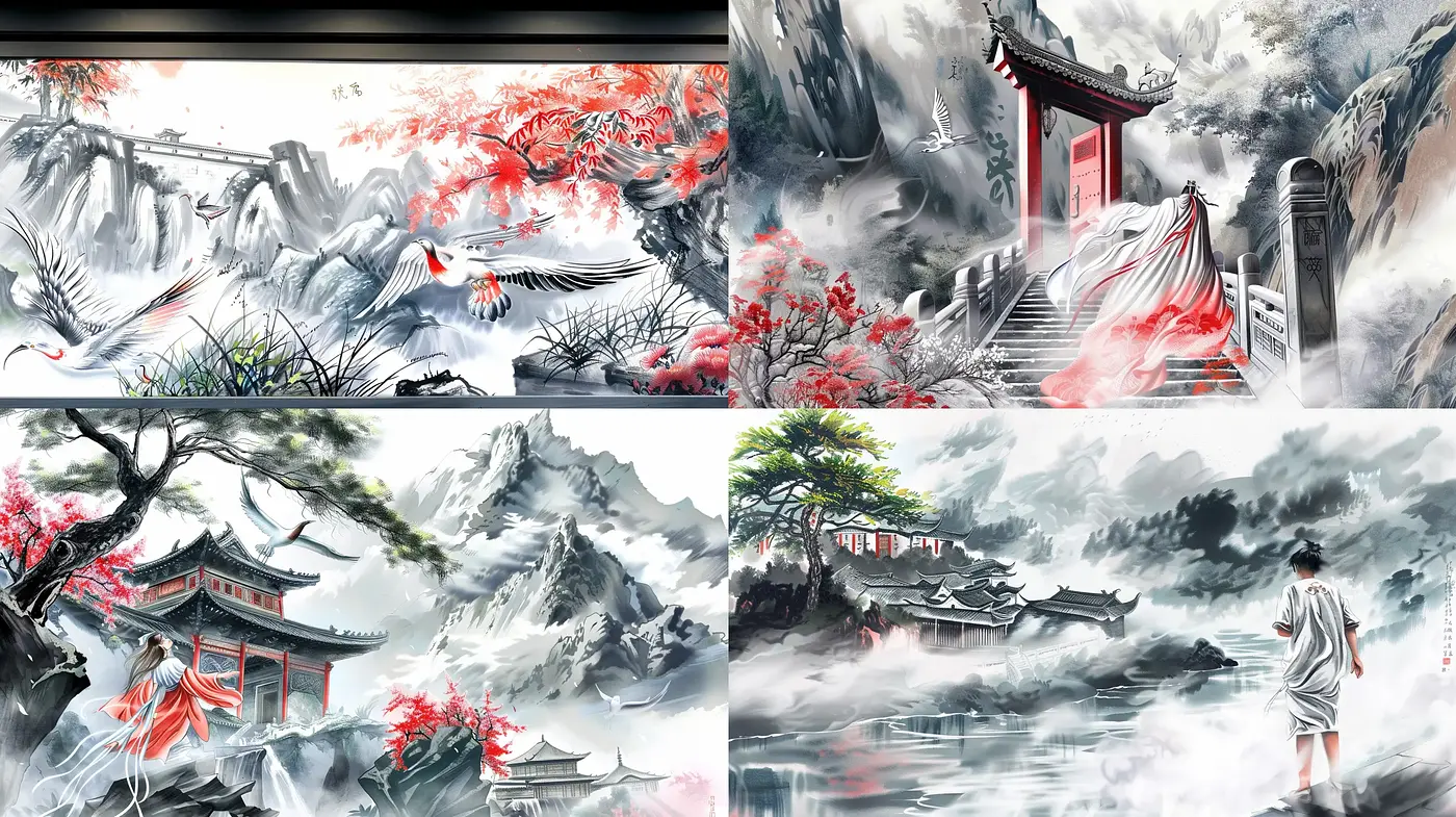 Ethereal Ink Wash Visions with Scarlet Accents - Midjourney sref style