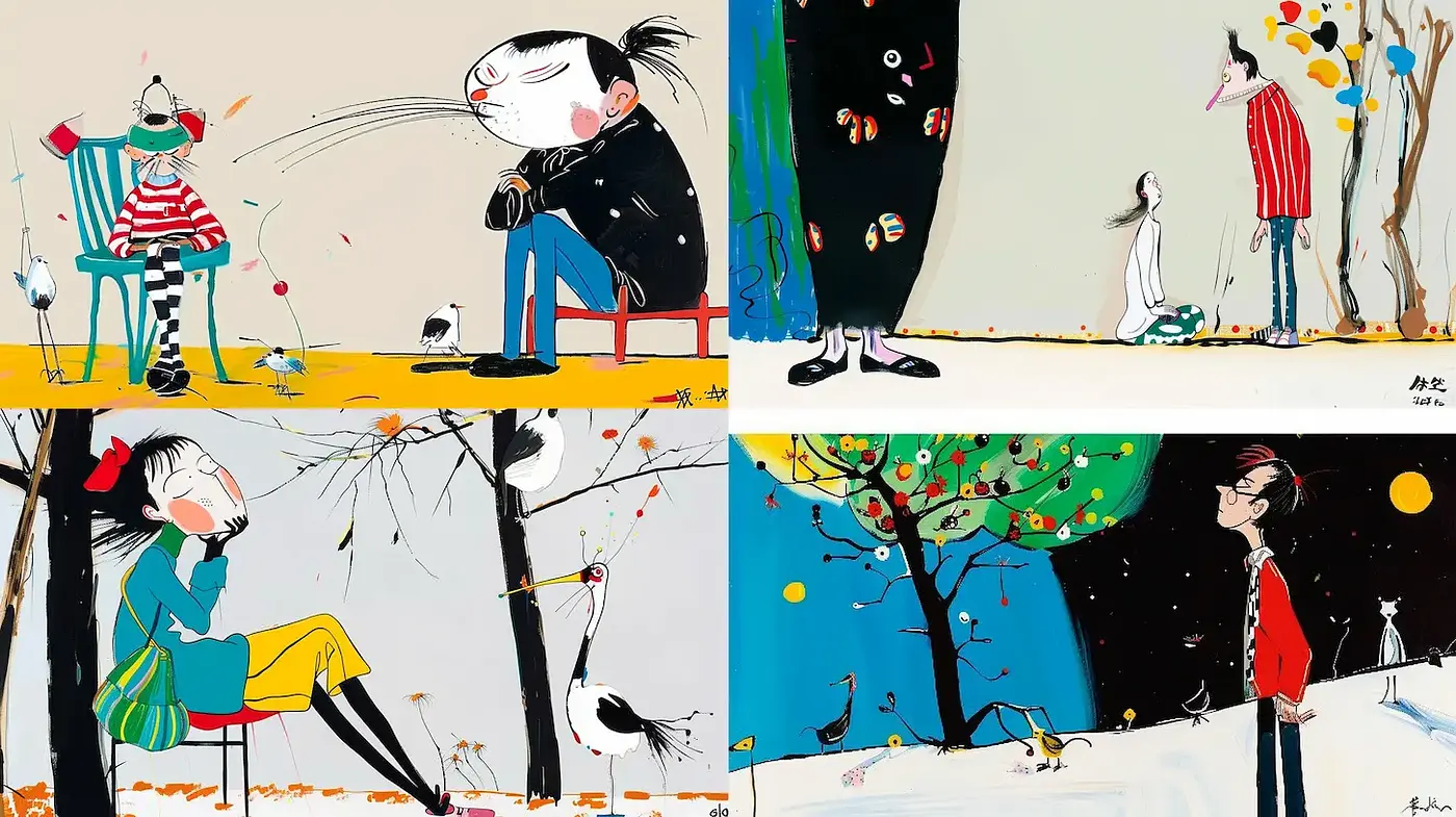 Whimsical and Playful Illustrations with a Touch of Surrealism - Midjourney sref style